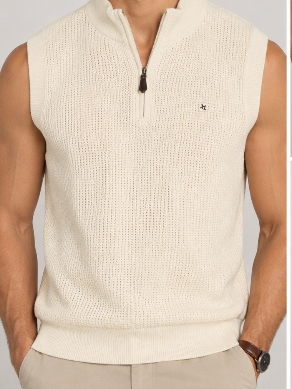 Alan Flusser Cream Knit Zip-Neck Sweater Vest